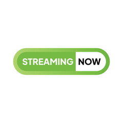 A horizontal, rounded green button with "STREAMING" left and "NOW" right, divided by a white rectangle, against a plain white background.
