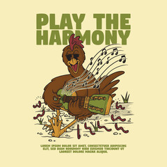 retro cartoon chicken mascot playing acoustic guitar in front of worms