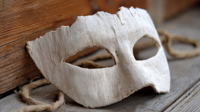 Rustic wooden mask on a wooden surface for mysterious allure.