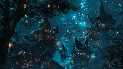 Dwellings of elves beneath a mesmerizing starlit sky