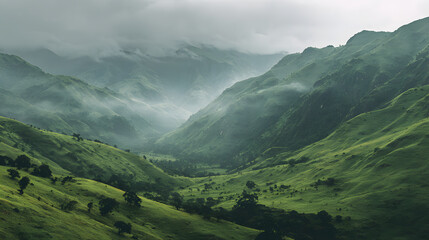 Naklejka premium Lush green mountain valley landscape with foggy clouds scenery background