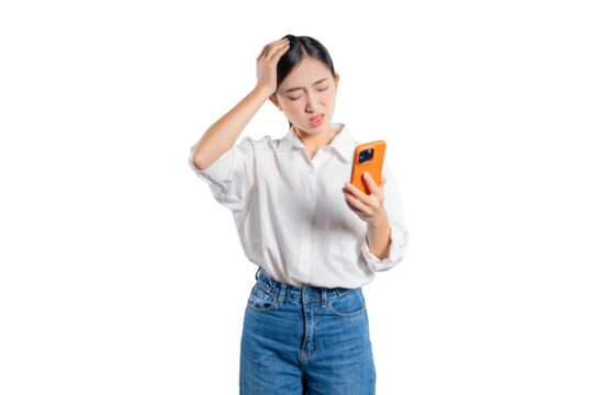 A stressed and worried young Asian woman holds her phone and touches her head, looking at the camera with a frustrated expression at a problem or issue she is encountering online.
