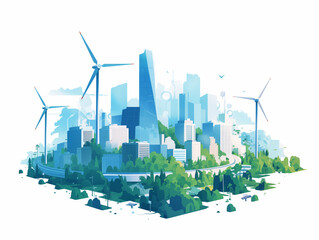 Sustainable City with Wind Turbines and Skyscrapers – Eco Urban Illustration