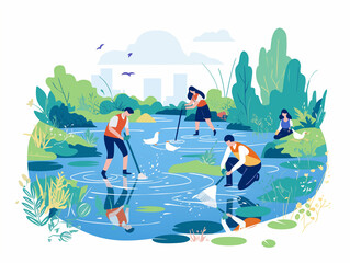 自然の中で川を清掃する人々のエコ活動フラットイラスト