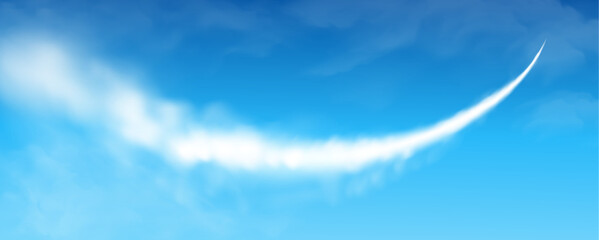 Jet plane smoke trail in blue sky. Airplane condensation trail, rocket or missile white trace in air. Aircraft flight in heaven. Airline travel banner. Vector concept.