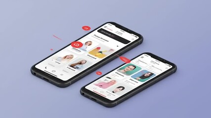 Two smartphones displaying a health monitoring app interface with user profiles and metrics