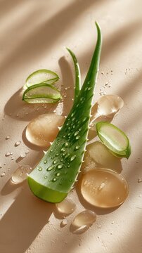 A high-end cosmetic ingredients flat lay on a soft, beige background with natural shadows and light. Aloe vera leaf freshly cut, juicy and dewy, placed elegantly with visible gel.