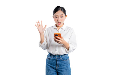 A young Asian woman holding a smartphone reacts with a surprised "wow" expression while waving, as if on an exciting video call or seeing something amazing online.
