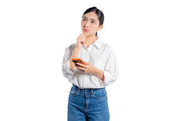 Asian woman holds a smartphone and touches her chin, looking up thoughtfully as she contemplates a decision, a message, or an idea, against a  png background