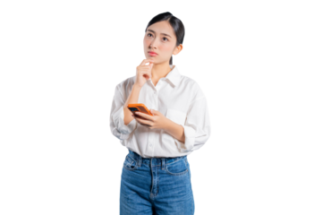 Asian woman holds a smartphone and touches her chin, looking up thoughtfully as she contemplates a decision, a message, or an idea, against a  png background