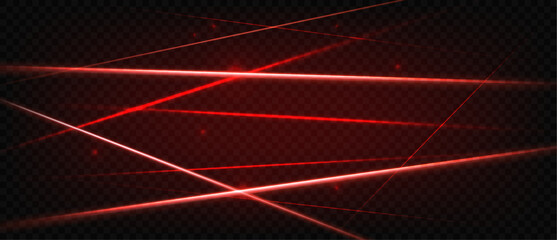 Red laser beams. Glowing crossing realistic 3d bright neon laser rays, safety system, tech design concept. Flare light effect, lazer scanner. Party and club vector background.