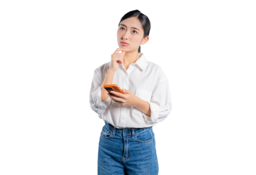 Asian woman holds a smartphone and touches her chin, looking up thoughtfully as she contemplates a decision, a message, or an idea, against a png background