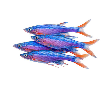 Colorful pencilfish group isolated on transparency background, vibrant blue and orange scales, small freshwater fish, tropical aquarium pet, peaceful and lively appearance