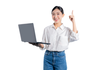 Asian woman holding a laptop has a "eureka" moment, pointing upwards with a smile as she finds a solution or has a great idea for her work or studies