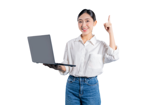 Asian woman holding a laptop has a "eureka" moment, pointing upwards with a smile as she finds a solution or has a great idea for her work or studies