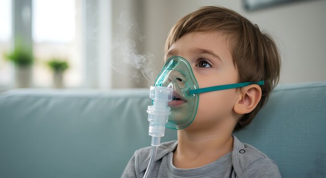Young boy receiving respiratory treatment using nebulizer for asthma or breathing difficulties