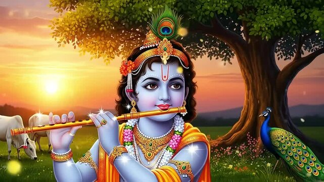 Divine Krishna Playing Flute: Sunrise, Cows, Peacock, Spiritual Art for Janmashtami Govardhan Puja