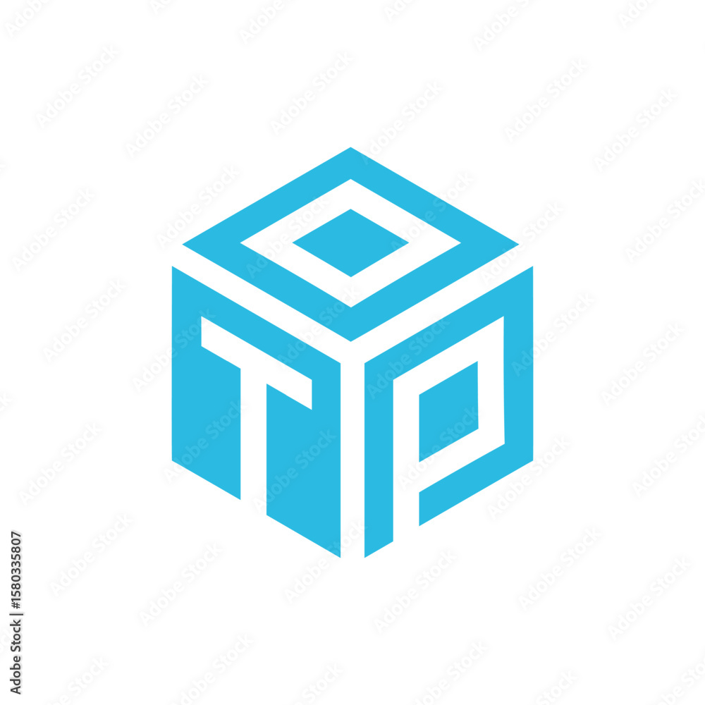 Poster a light blue hexagonal logo, utilizing a 3d perspective to form the letters 