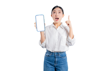 Asian woman holds a smartphone with a blank screen and points up, looking up with a surprised "eureka" expression as if having a sudden, brilliant idea