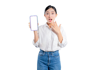 Asian woman holds a smartphone with a blank screen and reacts with a shocked expression, her hand...