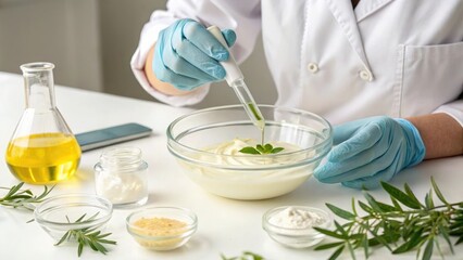 Scientist formulating natural skincare cream in a laboratory