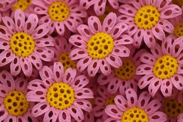 A close-up of a vibrant array of pink flowers with yellow centers, meticulously crafted from plastic pipes