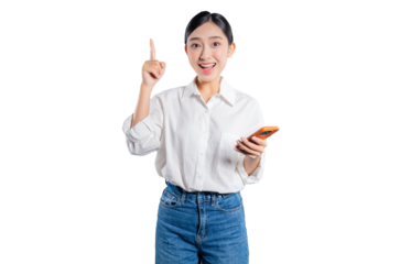 A young Asian woman has a "eureka" moment while holding her phone, pointing up with a surprised and happy expression as she discovers a solution or a great idea online.
