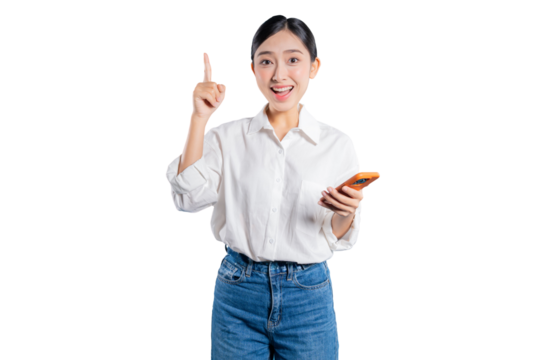 A young Asian woman has a "eureka" moment while holding her phone, pointing up with a surprised and happy expression as she discovers a solution or a great idea online.