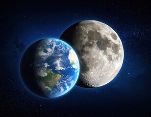 Naklejka premium Earth and moon in space with detailed surface features and starry background