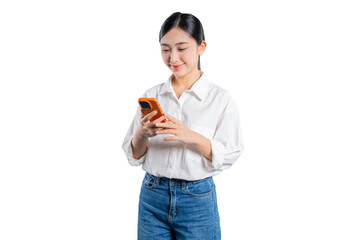 Asian woman in a casual white shirt and jeans smiles pleasantly as she looks down at her...