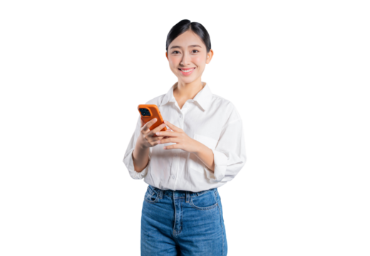 Asian woman in a casual outfit holds a smartphone with both hands and smiles warmly at the camera, representing modern communication and happiness against a png background.
- Powered by Adobe