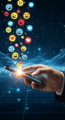 Social media engagement concept with emojis emerging from phone