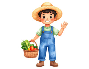 Cute cartoon farmer kid illustration. Watercolor style. Cartoon character illustration.