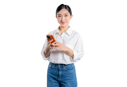 Asian woman in a casual outfit holds a smartphone with both hands and smiles warmly at the camera, representing modern communication and happiness against a png background.