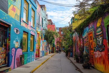 Fototapeta premium Artistic mural street with bold colors and graffiti