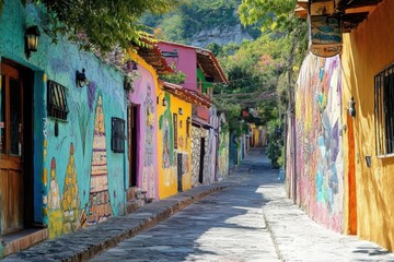 Naklejka premium Street with artistic graffiti walls in bright colors