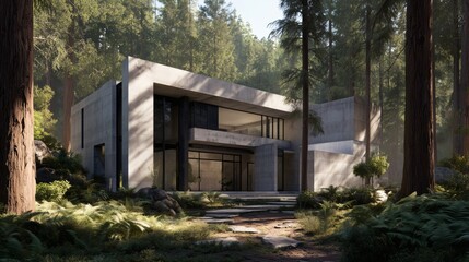 Brutalist Home In Dense Forest, Modern Concrete House Among Trees, Minimalist Architecture Surrounded By Nature, Geometric Mountain Retreat With Large Windows
