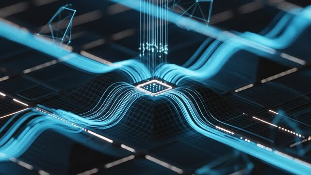 Advanced CPU microchip processing data on a futuristic digital circuit board with blue light trails - Powered by Adobe