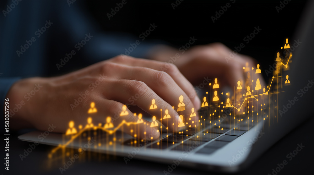 Aufkleber close-up of hands typing on laptop with data visualization overlay
