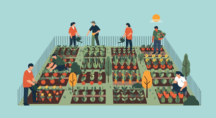Community Garden with People Growing Organic Vegetables - Flat Vector Illustration