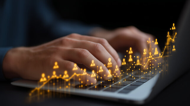 Close-up of Hands Typing on Laptop with Data Visualization Overlay