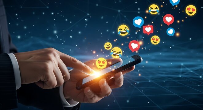 Using mobile phone to share social media emojis concept