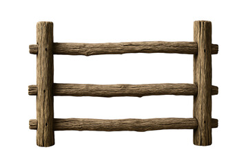 Rustic wooden fence with three horizontal rails and two vertical posts on a  transparent background