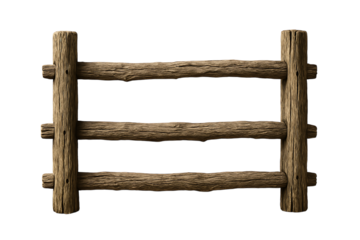 Rustic wooden fence with three horizontal rails and two vertical posts on a  transparent background