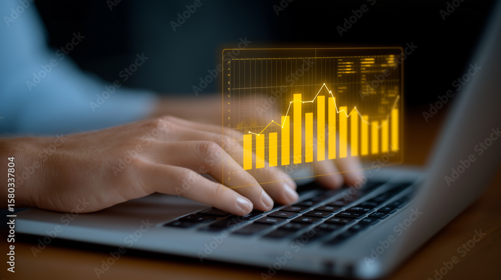 Poster hands typing on laptop with floating holographic analytics dashboard