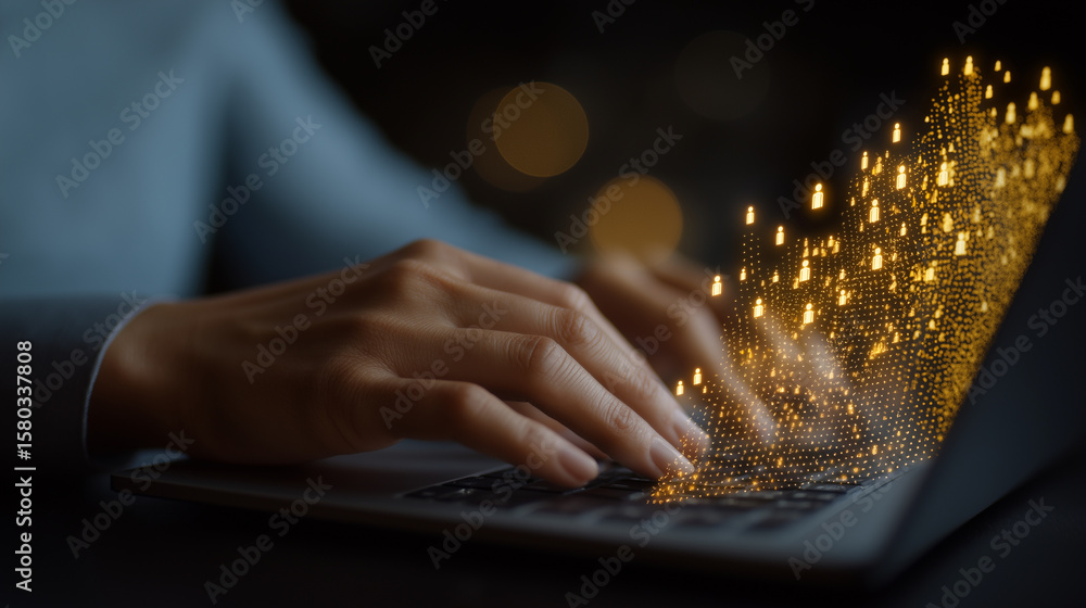Poster close-up of hands typing on laptop with data visualization overlay