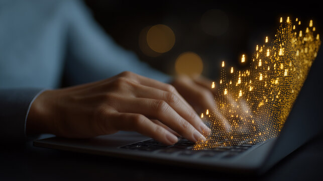 Close-up of hands typing on laptop with data visualization overlay