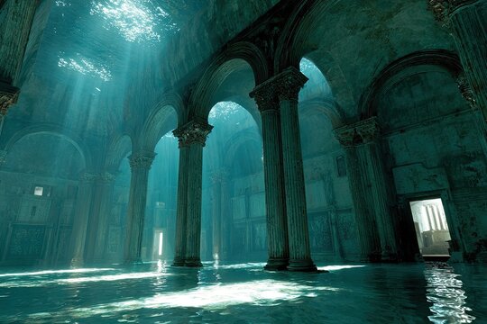 Sunlit, underwater ancient basilica.  Sunbeams pierce teal water filling a vast, ruined, stone hall with arches and pillars