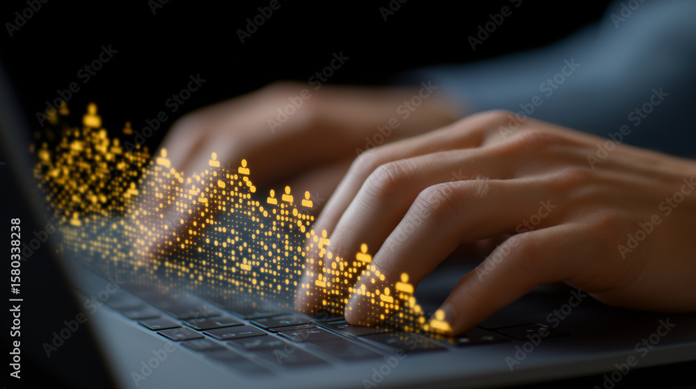 Poster close-up of hands typing on laptop with data visualization overlay