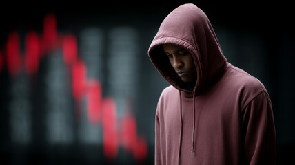 Man in hoodie stands before declining stock market graph.